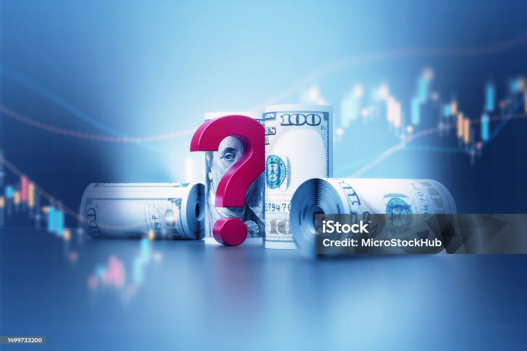 American Dollar Banknotes And Red Question Mark Over Financial Graph Rolled up American dollar banknotes and red question mark over financial graph. Horizontal composition with copy space. Business and finance concept. Uncertainty Stock Photo