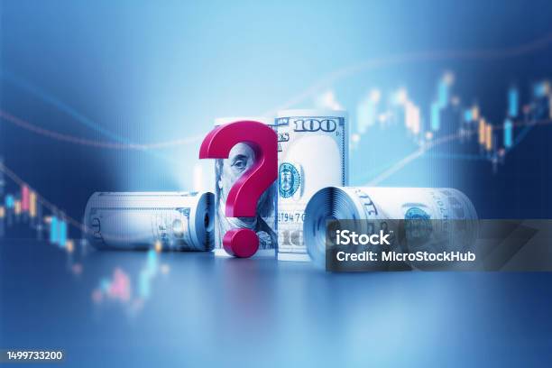 American Dollar Banknotes And Red Question Mark Over Financial Graph Stock Photo - Download Image Now