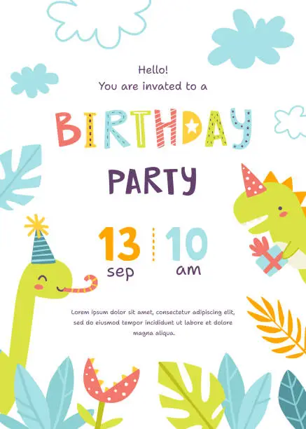 Vector illustration of Children's birthday invitation with cute dino. Kids birthday party card with festive dinosaurs and plants.