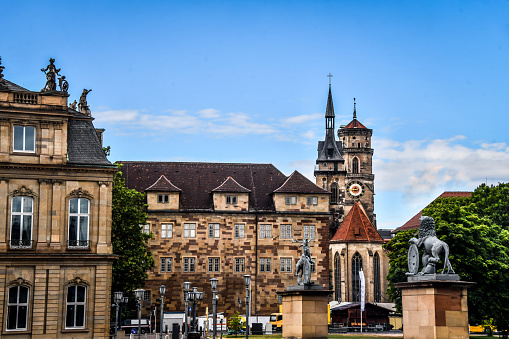 Majestic Architecture, Clocktower And Statues Near Neues Schloss In Stuttgart, Germany