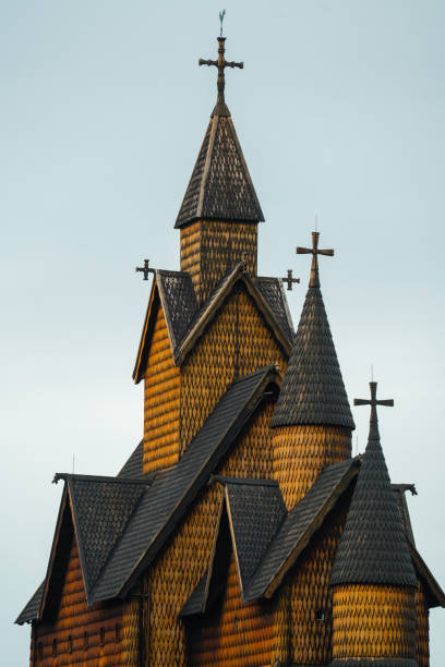 Nore Stave church in Norway at sunset