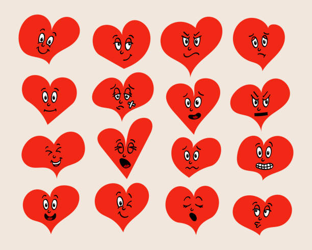 ilustraciones, imágenes clip art, dibujos animados e iconos de stock de colección de emoticonos de corazón vectorial plano rojo - heart shape cute valentines day nostalgia