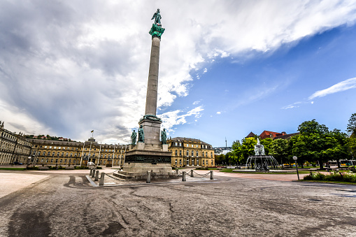 Stuttgart, Germany - 15th of August, 2022. Neues Schloss, Jubilee Column And Fountain