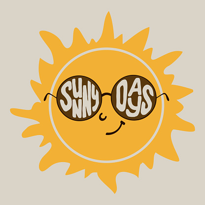 Groovy nostalgic typogtaphy composition with sun. Vector isolated illustration. Sun as charactar with sunglases and text Sunny Days. Ideal for posters, t shirt print, social media graphics, wall art