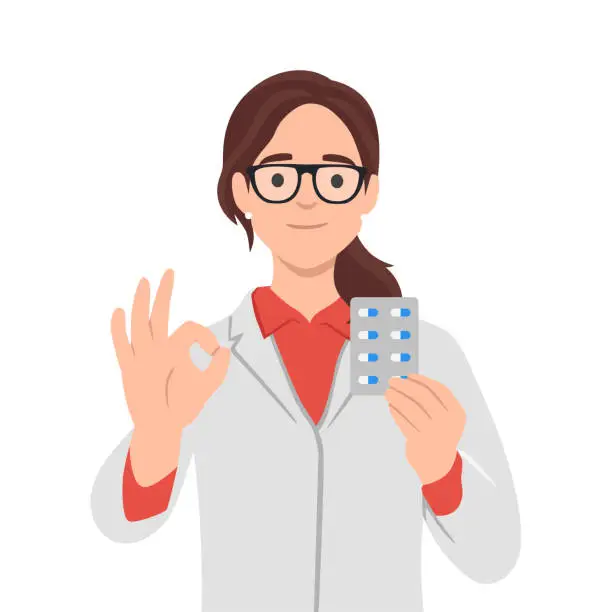 Vector illustration of Doctor with medication. woman doc holding pills showing ok sign.