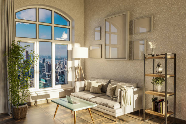 istock luxurious loft apartment with arched window and panoramic view over urban downtown; noble interior living room design mock up; 3D Illustration 1499741197