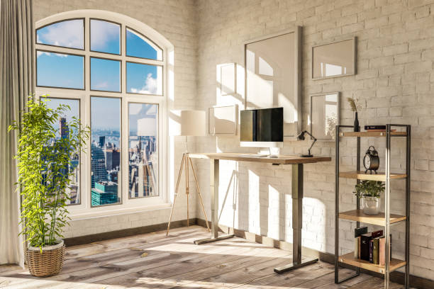 modern standing desk pc workplace in daylight downtown skyline office; home decoration desing and home office concept; 3D Illustration