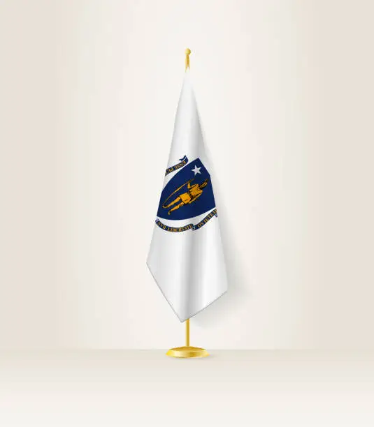 Vector illustration of Massachusetts flag on a flag stand.