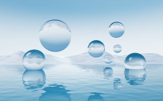 Water surface with round balls background, 3d rendering. Digital drawing.