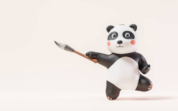 istock Cartoon panda and Chinese retro ink brush, 3d rendering. 1499747090