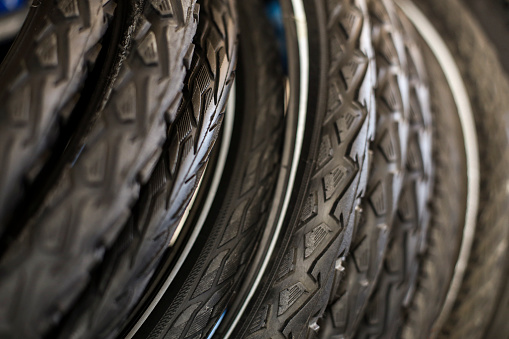 Close-up of bicycle tires perfect for backgrounds.