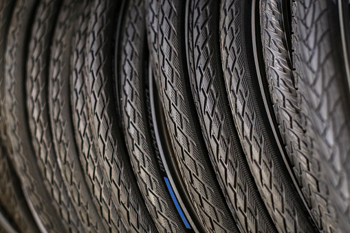 Close-up of bicycle tires perfect for backgrounds.