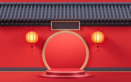 Empty stage with Chinese ancient building, 3d rendering. Digital drawing.