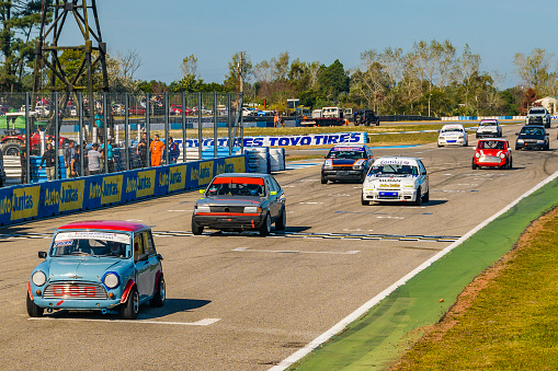 Canelones, Uruguay - May 14,  2023: Drift race cars at starting point, pinar autodrome, uruguay