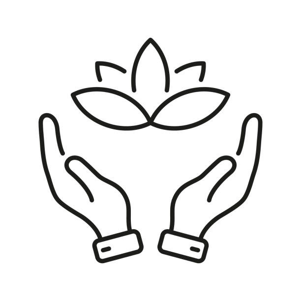 ilustraciones, imágenes clip art, dibujos animados e iconos de stock de manos humanas sosteniendo el icono de la línea de flores. símbolo de contorno de yoga y spa. loto y manos, pictograma lineal de meditación. clínica médica de belleza signo simple. trazo editable. ilustración vectorial aislada - white background beauty and health flower human hand