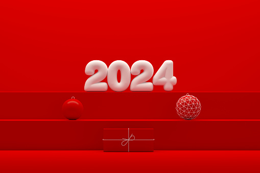 2024 New Year Podium on Red Background. Digitally generated image.