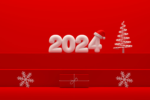 2024 New Year Podium on Red Background. Digitally generated image.