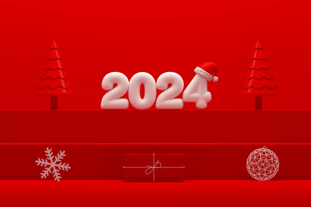istock 2024 New Year Podium on Red Background 1499749590