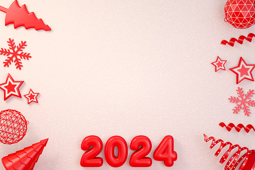 2024 New Year, Christmas Ornaments on White Snow Background. Digitally generated image.