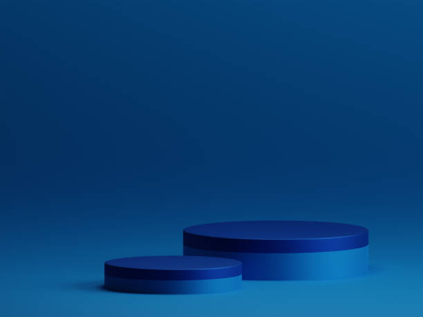 istock 3D rendering blue minimal concept double cylinder pedestal or podium for product showcase display on empty background. 3D mockup illustration 1499751054