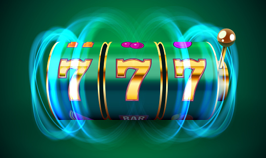 Neon slot machine coins wins the jackpot. 777 Big win casino concept. Vector illustration