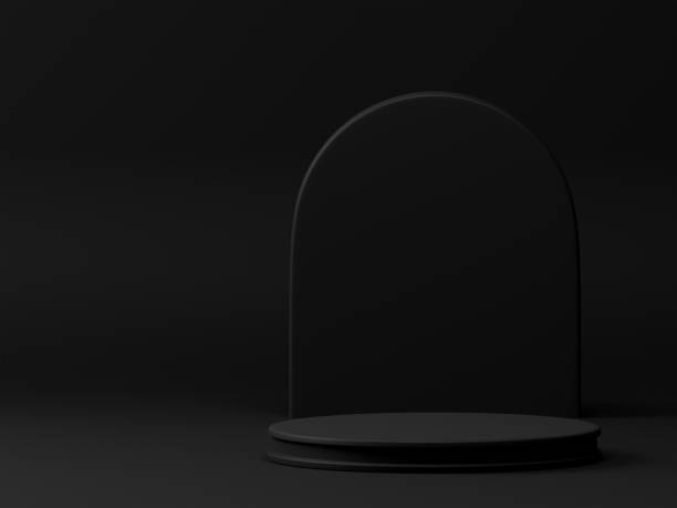 istock 3D rendering luxury black theme cylinder pedestal or podium for product showcase display with wall panel on empty background. 3D mockup illustration 1499751105