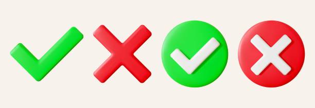 Set of realistic 3D green check mark and red cross. Right and wrong circle buttons. Set of realistic 3D green check mark and red cross. Right and wrong circle buttons. Vector illustration. left right button stock illustrations