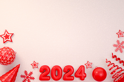 2024 New Year, Christmas Ornaments on White Snow Background. Digitally generated image.