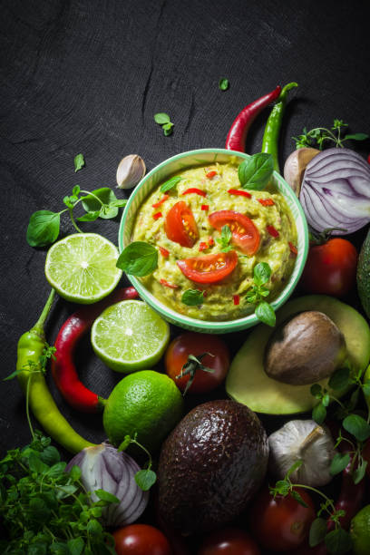 istock Background bowl guacamole tomato chilli pepper lime onion garlic dill and oregano 1499751434