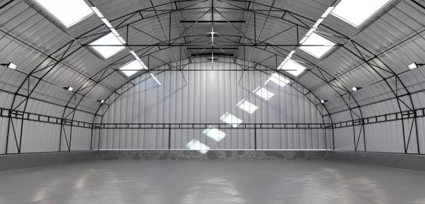 istock Empty warehouse Storage warehouse Curved roof 3d illustration 1499752160