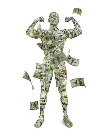3D rendering of human figure made up of US dollar notes
