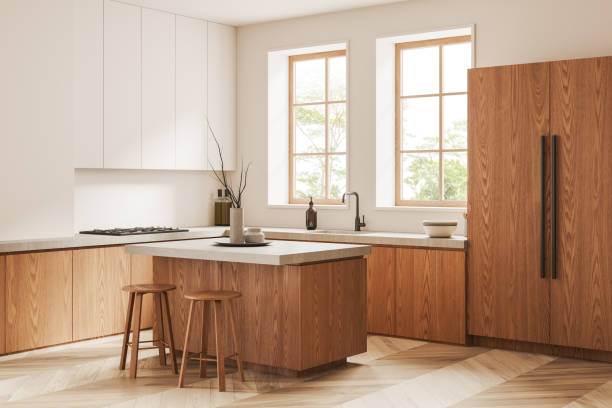 istock Cozy kitchen interior with bar island and cooking corner, panoramic window 1499752989