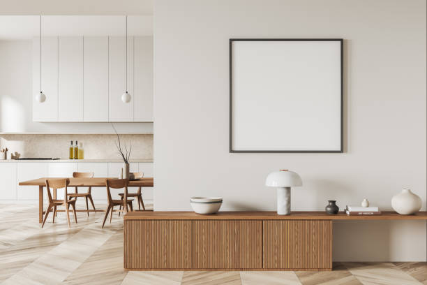 istock Stylish kitchen interior with drawer and cooking zone with table. Mockup frame 1499754137