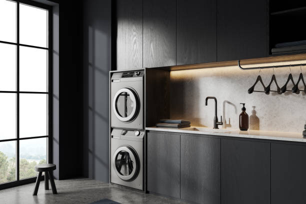 istock Laundry interior with washing machines, shelves and panoramic window 1499754165