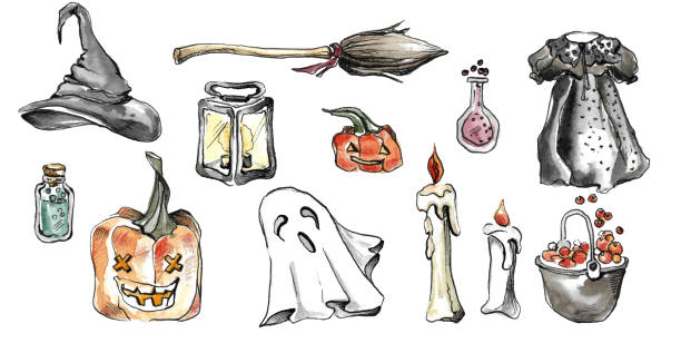 ilustrações, clipart, desenhos animados e ícones de grande cenário para o halloween. - witch voodoo smiling bizarre