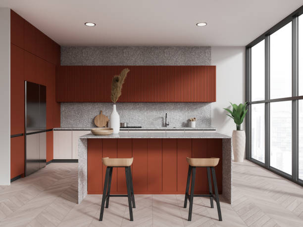 istock Stylish kitchen interior with bar countertop and cooking area, panoramic window 1499754526