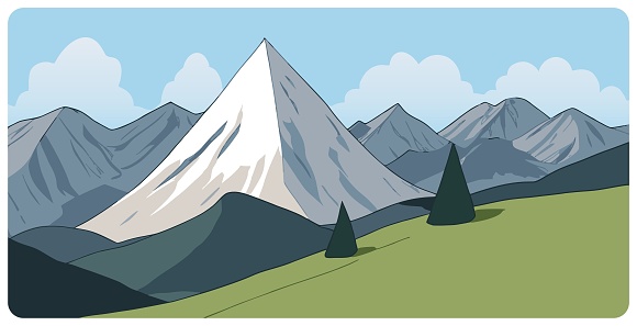 Flat graphic vector illustration of abstract mountain landscape with green foothills and triangular snowy mount peak on background. Simple decorative cartoon logo concept for hiking tourism.