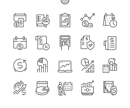 Fiscal year. Financial reporting. Statistics, growth, accounting, revenue. Pixel Perfect Vector Thin Line Icons. Simple Minimal Pictogram