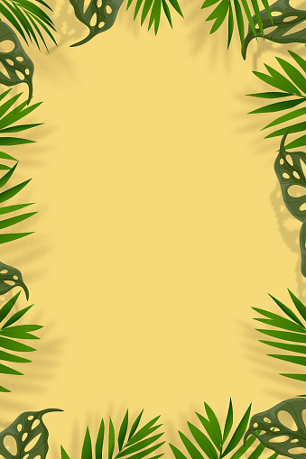 Summer Background,Palm Leaves with Shadow Border on Yellow Background,Tropical Coconut leaf frame with copy space,Vector top view vertical backdrop background for Summer, Sale, Promotion, web banner