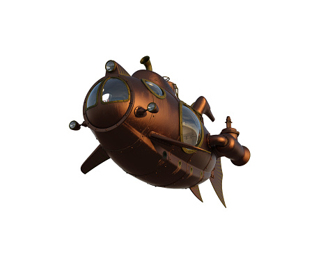 Steampunk style fantasy submarine viewed from below. Isolated 3D illustration.