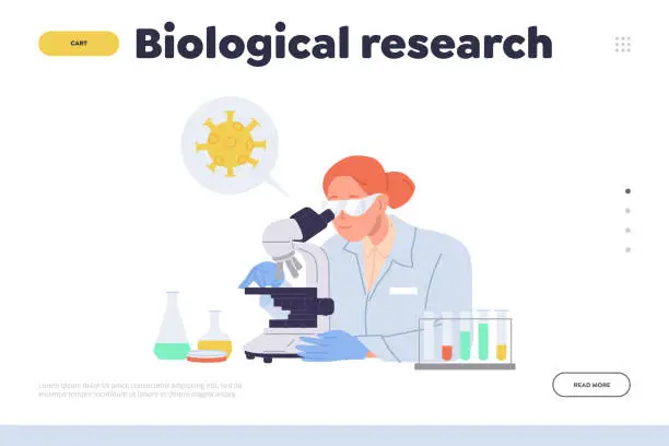 Vector illustration of Biological research landing page design template with female scientist looking through microscope