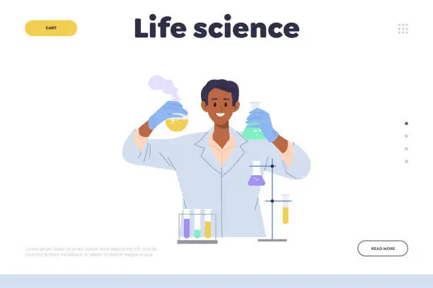 Vector illustration of Life science landing page design template with happy young researcher holding chemical flask