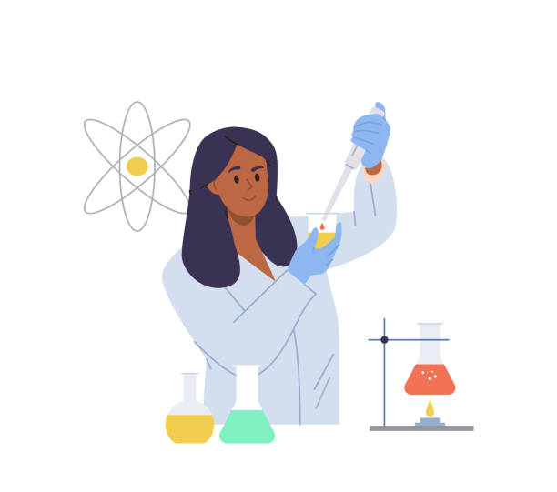 Woman doing chemical experiment with laboratory equipment testing samples making scientific research Young woman chemist engineer character wearing white medical coat doing chemical experiment with laboratory equipment testing samples making scientific biotechnology research vector illustration medical assistant test sample stock illustrations