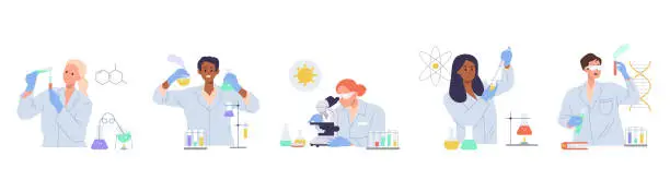 Vector illustration of People at laboratory set, male female scientific workers characters discovering antiviral remedies