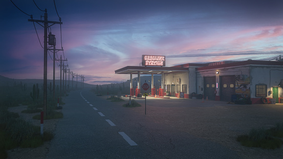 Remote gas station on an empty desert road at night. 3D rendering.