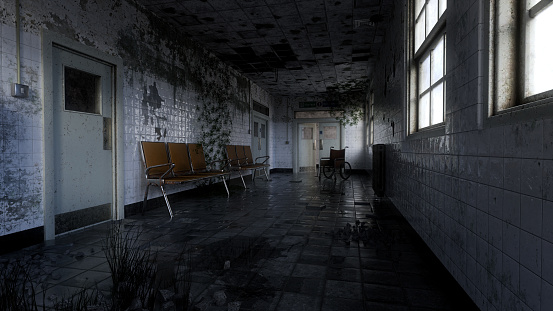 Dirty grungy corridor in an old abandoned asylum or hospital. Horror concept 3D illustration.
