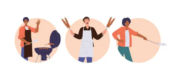 Vector illustration of Set of round composition with happy people cartoon character cooking bbq food and marshmallow