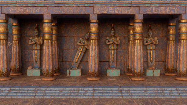 istock Ancient Egyptian temple ruin with statues and columns painted blue and gold. 3D rendering. 1499759763