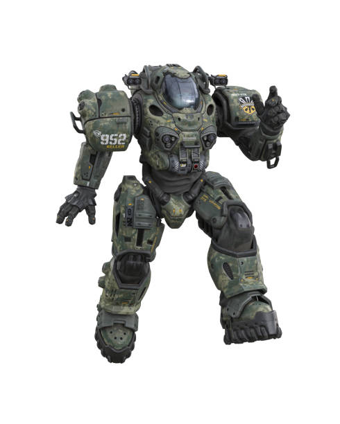 istock Futuristic soldier jumping in a powered combat suit with camouflage colours. Isolated 3D illustration. 1499759788