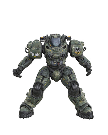 Futuristic soldier standing in a powered combat suit with camouflage colours. Isolated 3D illustration.